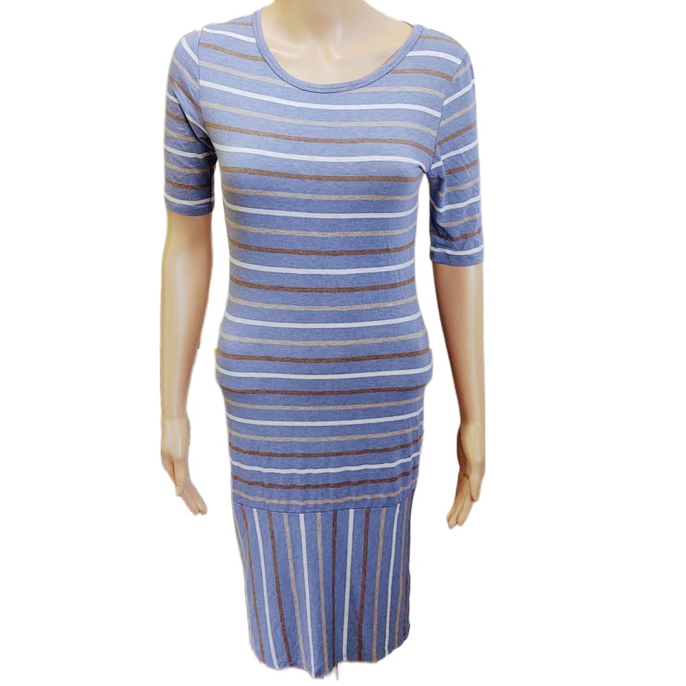 EUC LuLaRoe Julia Dress Soft Blue/Brown/White Striped Skirt Rayon/Spandex XS